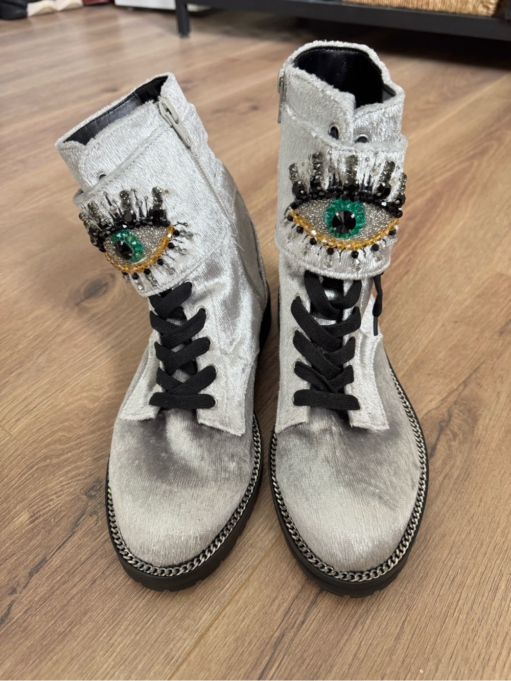 Kurt Geiger Silver Velvet Lace-Up Boots with Beaded Green Eye